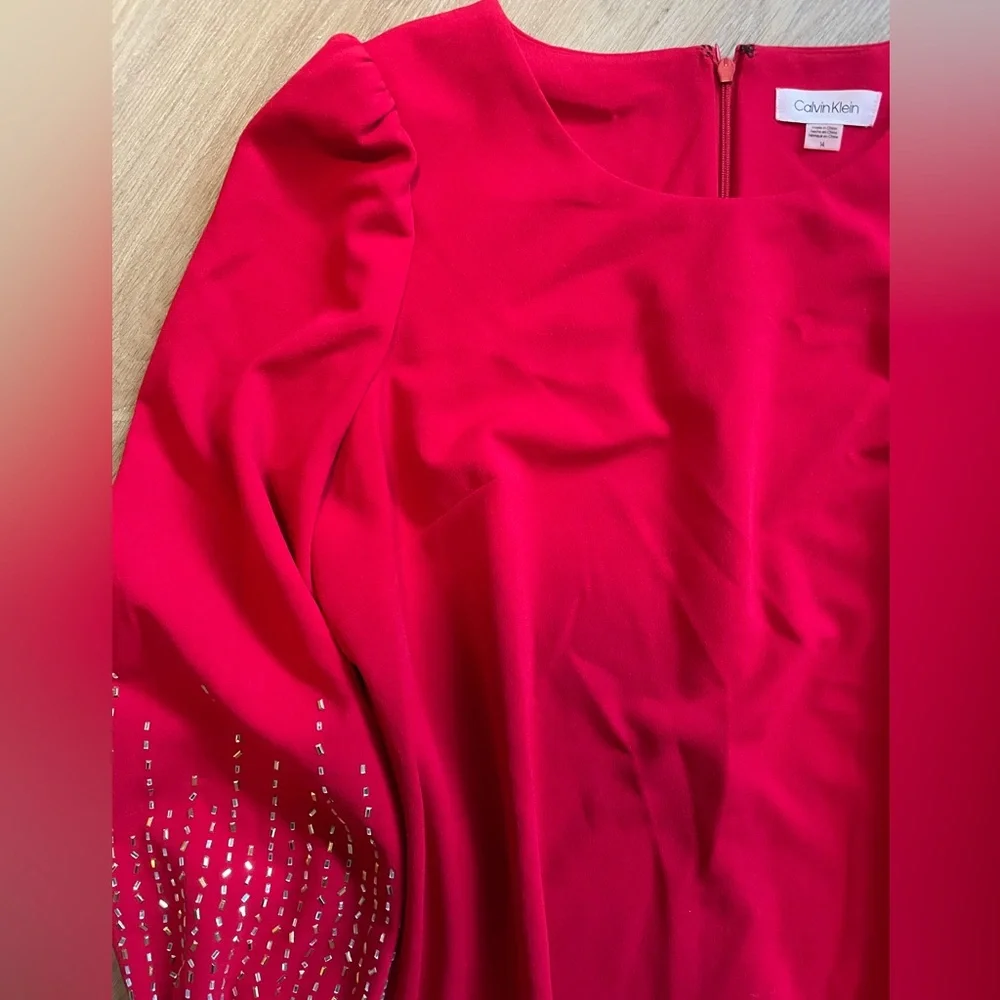 Calvin Klein Red Long-Sleeve Embellished Shift Dress - Picture 4 of 14